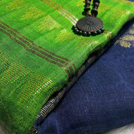 Blue & Green Pure Linen Jamdani Saree with Zari Striped Pallu