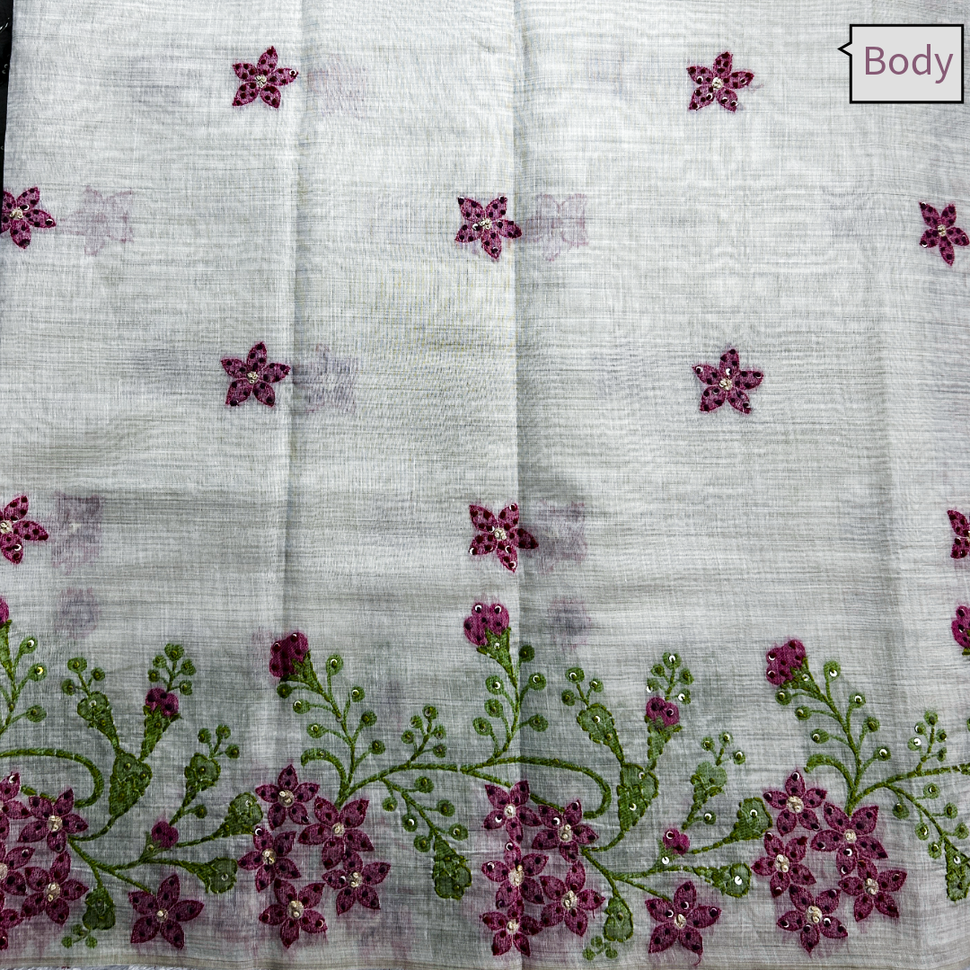 Cream Semi Tussar Silk Saree with Pink Handwoven Floral Kantha Work | Mriksha Sarees