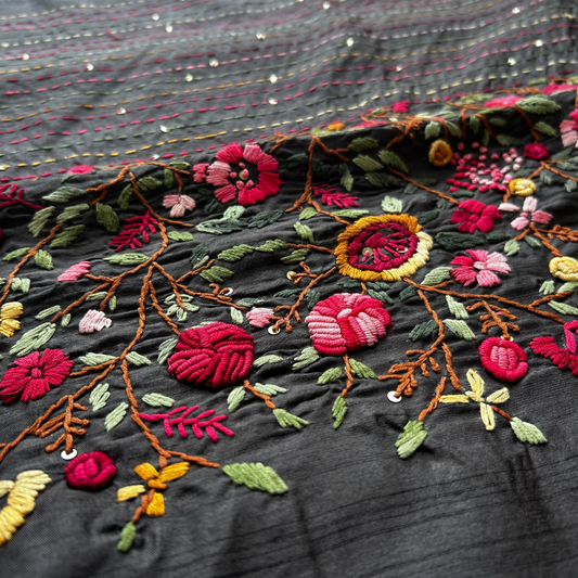 Dark Grey Raw Silk Saree with Parsi Work | Mriksha Sarees