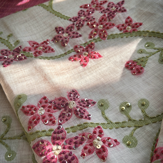 Cream Semi Tussar Silk Saree with Pink Handwoven Floral Kantha Work | Mriksha Sarees