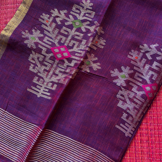 Pure Linen Jamdani Saree with Zari Pallu – Violet | Mriksha Sarees