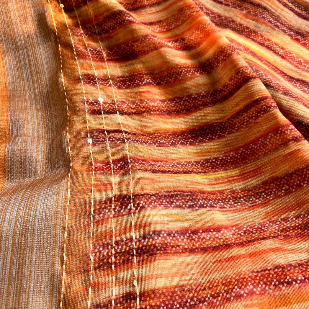 Soft Printed Linen Saree with Kantha Embroidery & Contrast Blouse – Blue & Orange | Mriksha