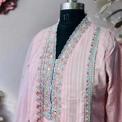 Baby Pink Embroidered Pakistani Suit with Organza Dupatta – Elegant Neck Work & Festive Wear