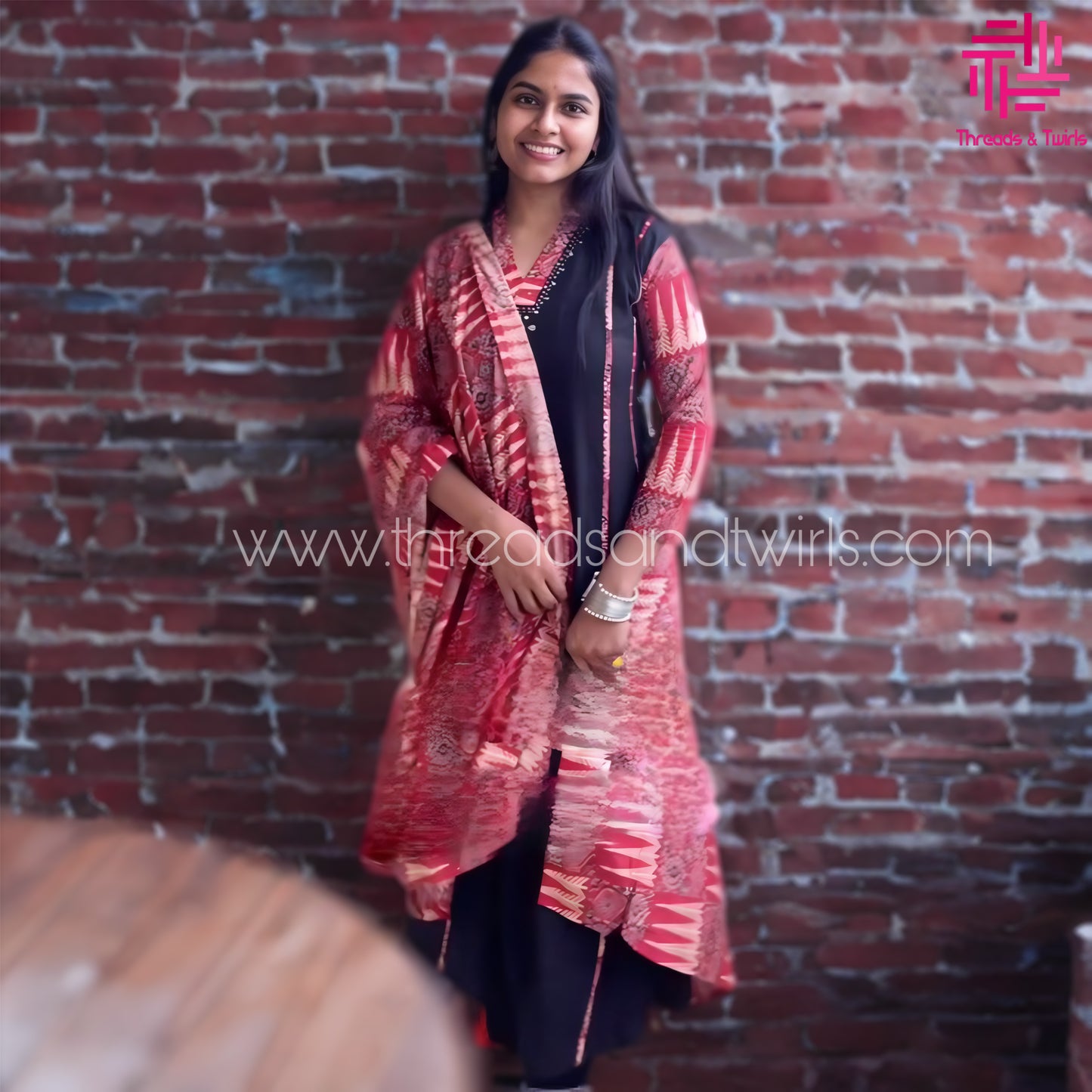 Black & Red Cotton Salwar Suit with Mirror Work – Threads & Twirls