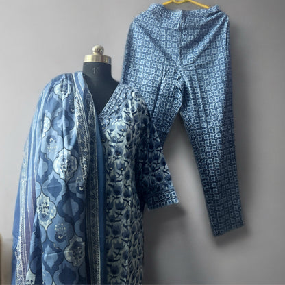 Indigo Blue Cotton Printed Kurta Pant Set with Dupatta – Elegant Floral & Geometric Design
