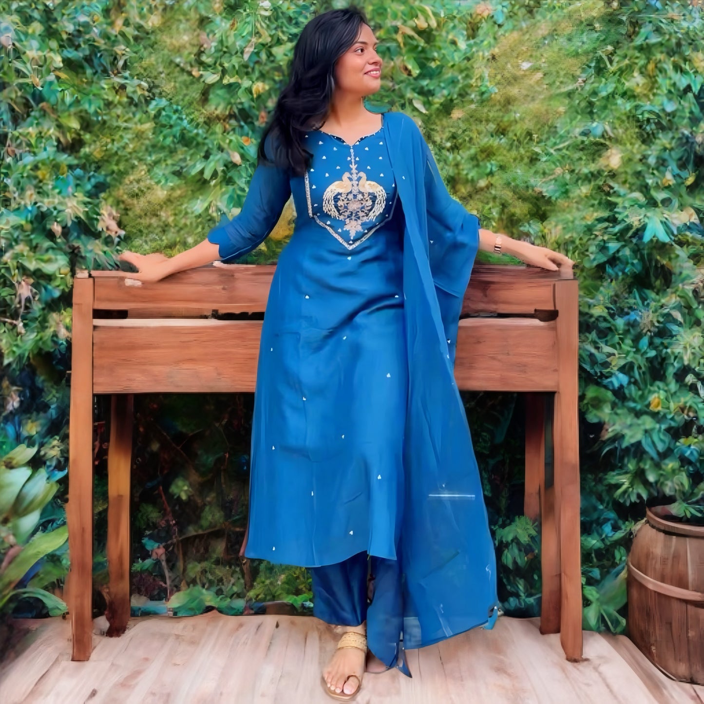 Royal Blue Mul Chanderi Salwar Suit with Peacock Embroidery | Threads & Twirls
