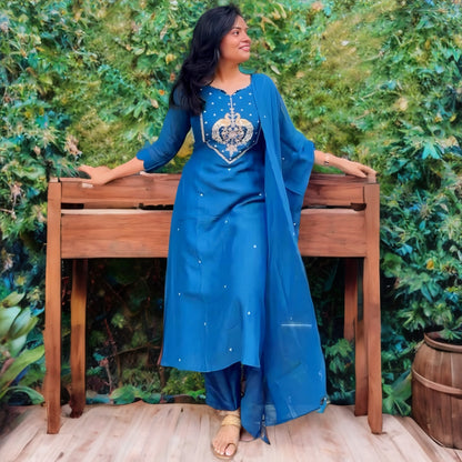 Royal Blue Mul Chanderi Salwar Suit with Peacock Embroidery | Threads & Twirls