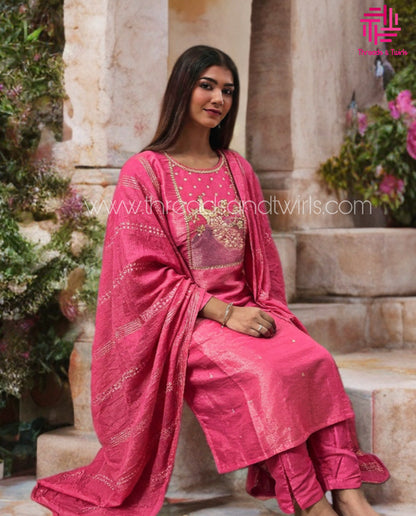 Pink Tissue Shimmer Salwar Suit with Peacock Yoke Embroidery | Threads & Twirls