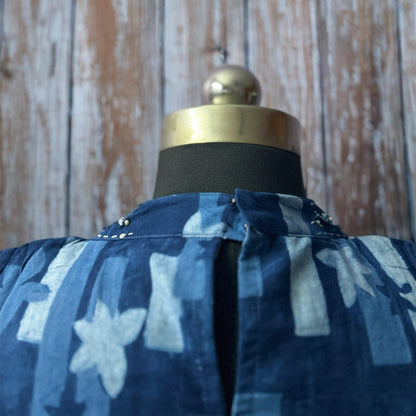 Indigo Halter Neck Cotton Kurti with Pocket & Attachable Sleeves – Pleated Floral Print