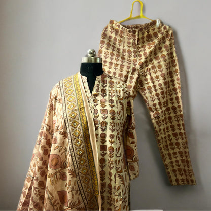 Tan Brown Cotton Printed Kurti Pant Set with Dupatta | Threads & Twirls