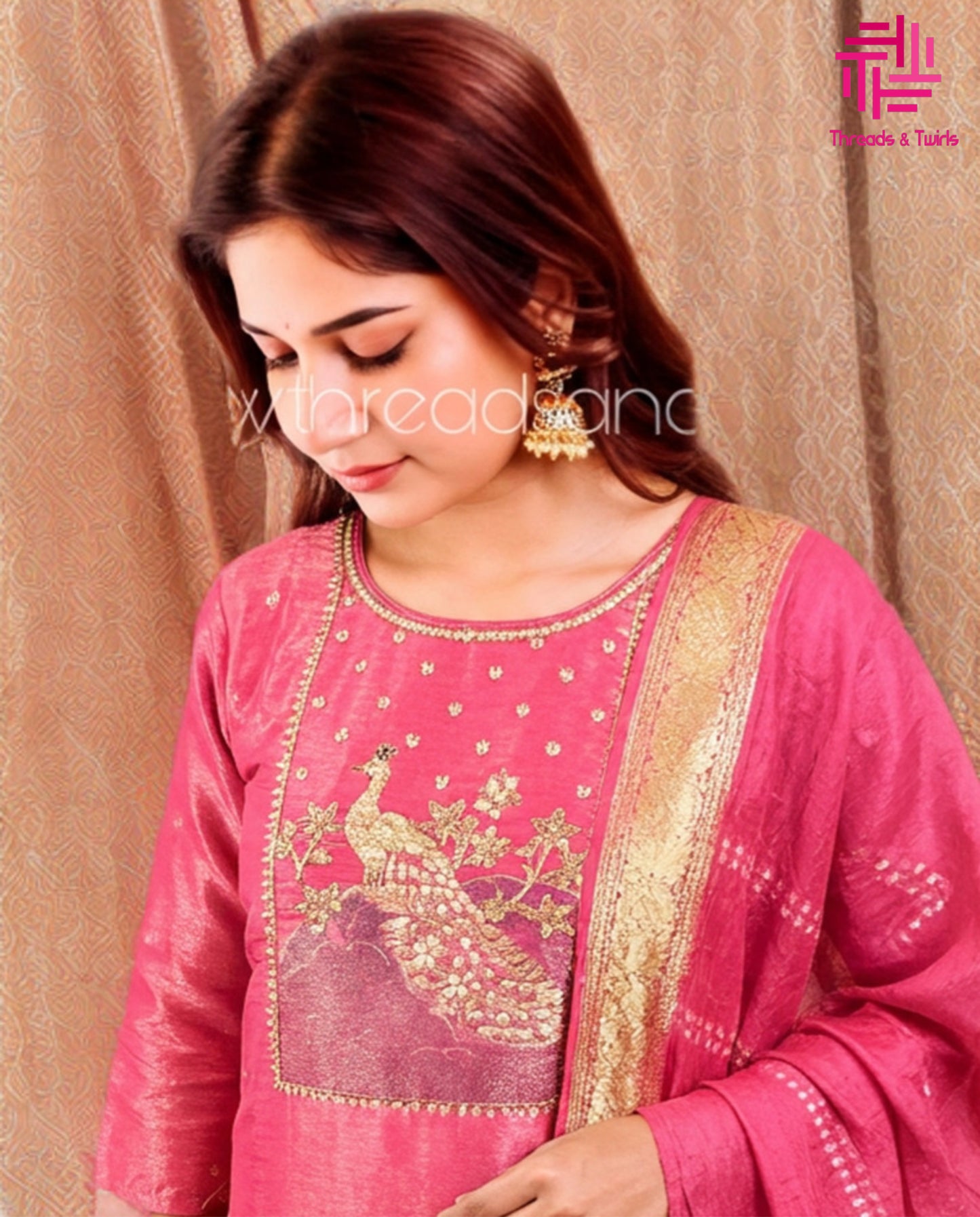 Pink Tissue Shimmer Salwar Suit with Peacock Yoke Embroidery | Threads & Twirls