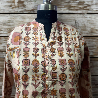 Tan Brown Cotton Printed Kurti Pant Set with Dupatta | Threads & Twirls