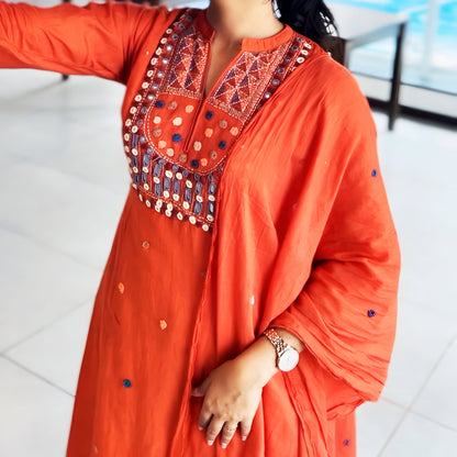 Rust Mul Chanderi Mirror Work Salwar Suit | Threads & Twirls