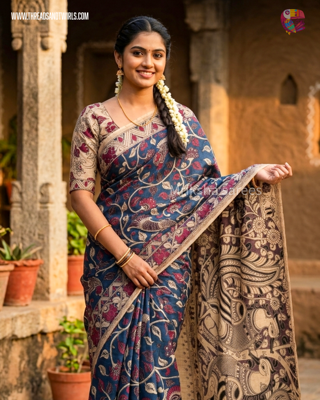 Kota Kalamkari Saree in Blue with Peacock Pallu & Contrast Beige Floral Blouse | Mriksha Sarees
