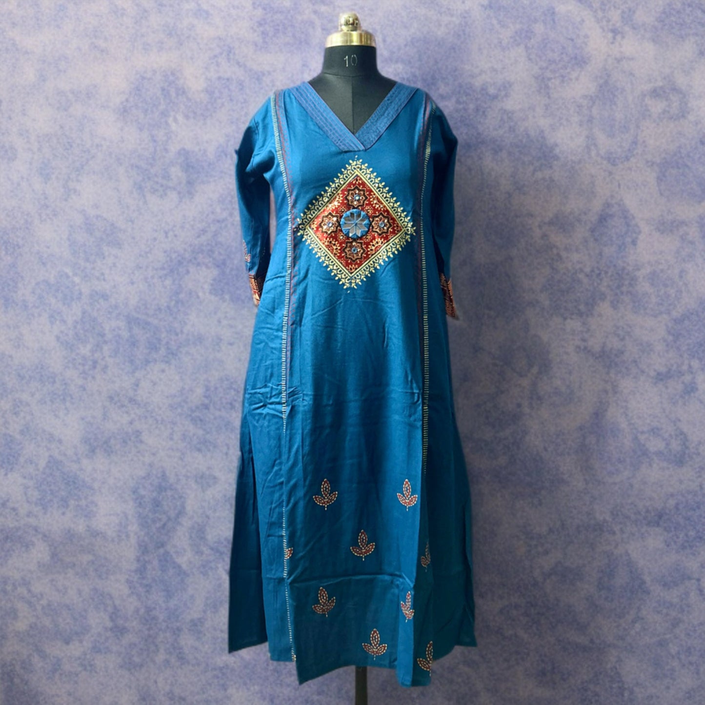 Teal Blue A-Line Rayon Kurta Set with Kalamkari Patchwork, Mirror & Block Print Detailing