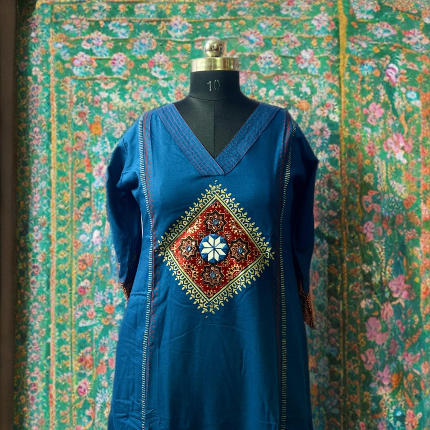 Teal Blue A-Line Rayon Kurta Set with Kalamkari Patchwork, Mirror & Block Print Detailing