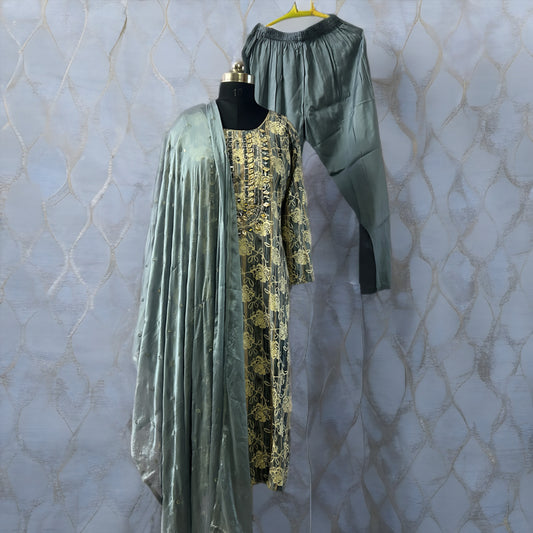 Elegant Grey & Gold Embroidered Salwar Suit with Dupatta – Threads & Twirls