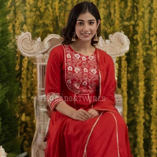 Ranjani - Anarkali Cotton Embroidery Suit - Red | Threads & Twirls