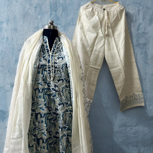 Elegant Blue and Cream Khadi Cotton Printed Kurta Pant Set with Dupatta | Threads & Twirls