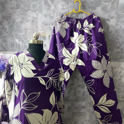 Premium Cotton Coord Set in Purple with Bold White Floral Print – Casual & Lounge Wear
