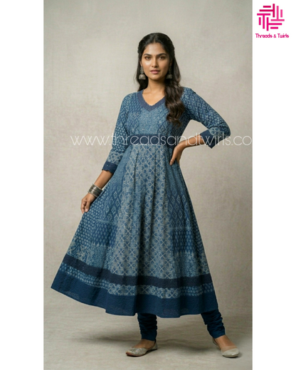 Indigo Blue and White Printed Anarkali Kurta with Solid Pant – Elegant Cotton Blend Set for Festive and Daily Wear