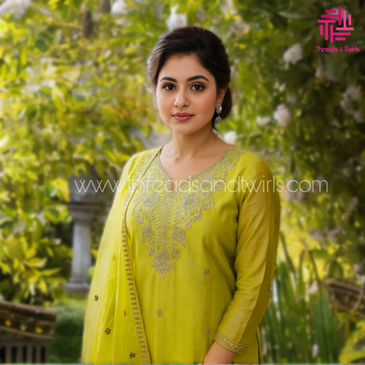 Lime Green Embroidered Silk Kurtha Set – Festive & Designer Wear