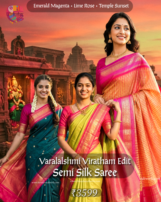 Kanchi Semi Silk Checked Saree with Contrast Blouse & Pallu – Mriksha Sarees