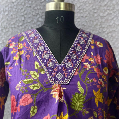 Purple Floral Cotton Suit Set with Embroidered Neckline | Pant & Dupatta Included