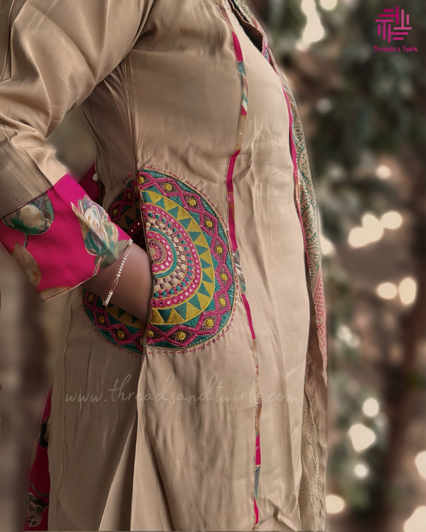 Beige Salwar Suit with Red Floral Dupatta, Embroidered Dual Pockets & Palazzo Pant