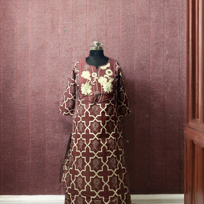 Maroon Cotton Kurta Pant Set with Embroidered Floral Yoke & Dupatta | Everyday Elegance