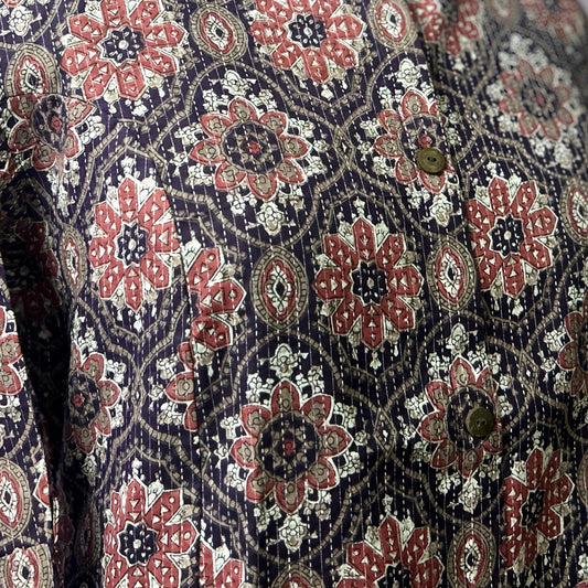 Black & Maroon A-Line Cotton Kurta with Kantha Work, Chinese Collar & Side Pocket