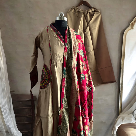 Beige Salwar Suit with Red Floral Dupatta, Embroidered Dual Pockets & Palazzo Pant