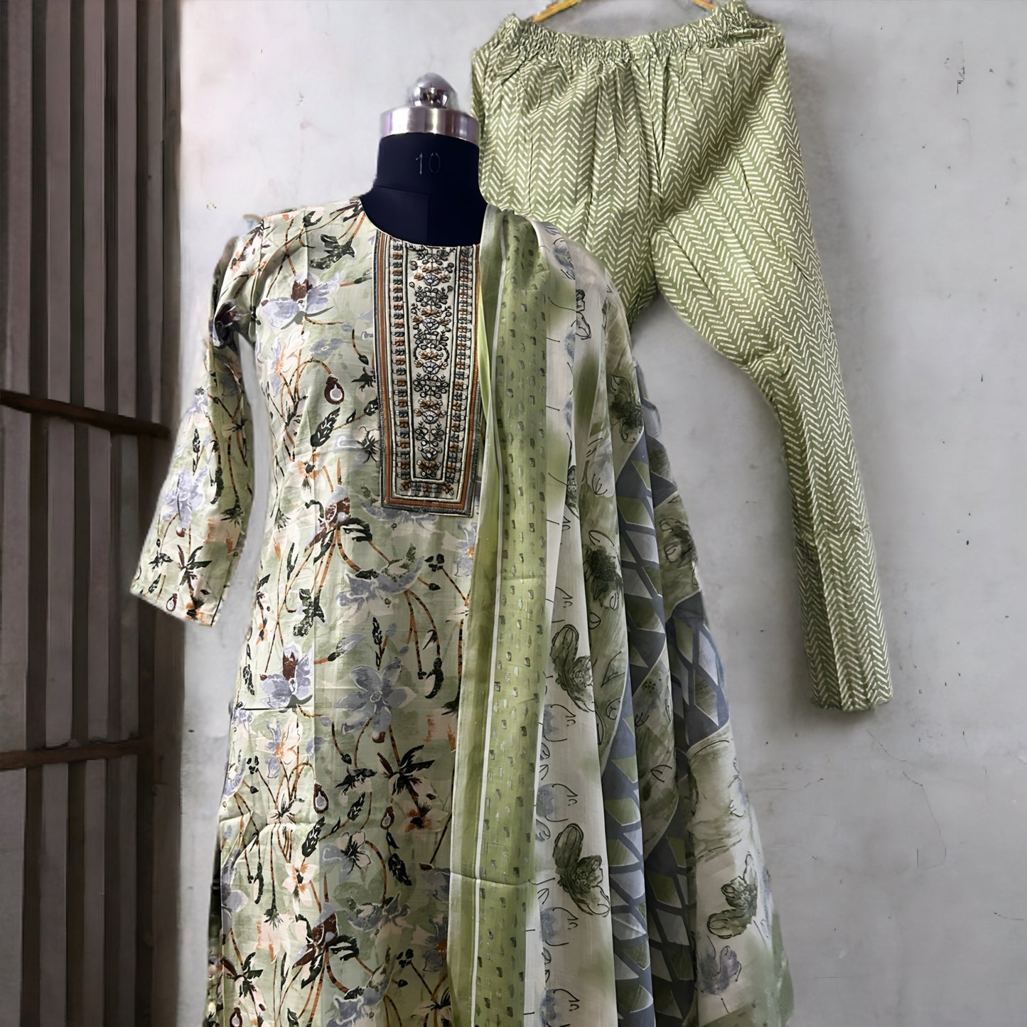Printed Cotton Salwar Suit with Gottapati Work – Green & Pink | Threads & Twirls