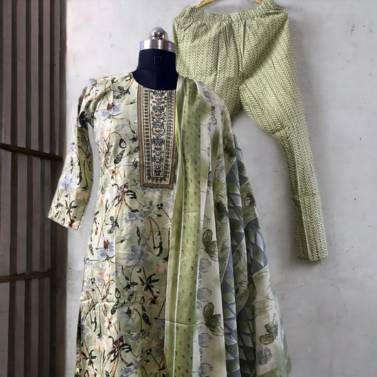 Printed Cotton Salwar Suit with Gottapati Work – Green & Pink | Threads & Twirls