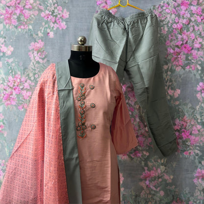 Blush Pink Kurta Set with Hand Embroidery and Grey Pant Dupatta Combo