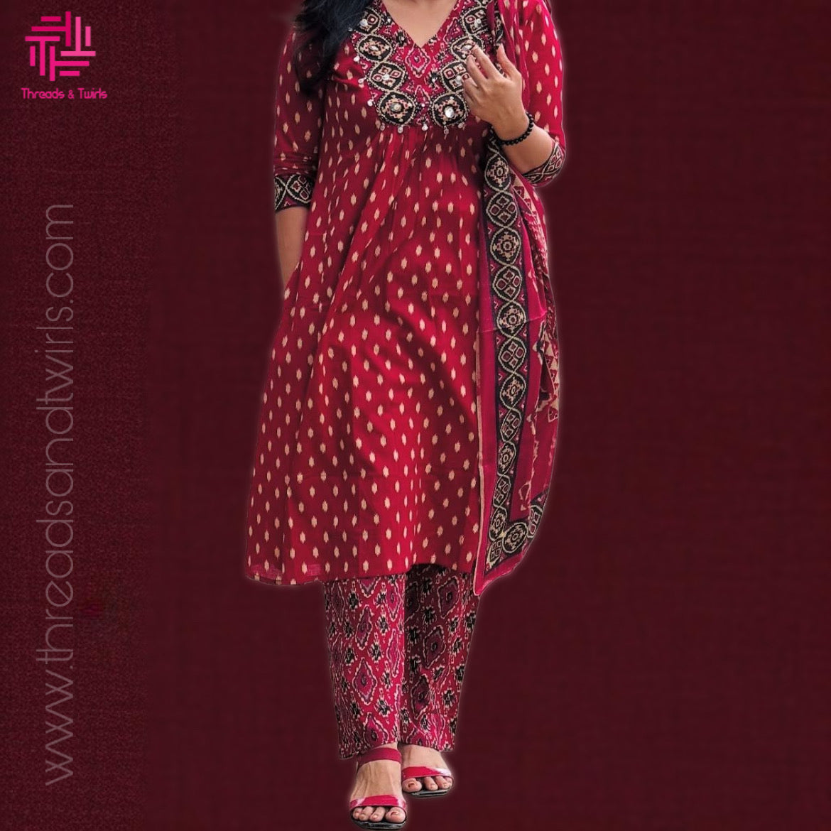 Burgundy Rajasthani Ikat Cotton Salwar Suit with Mirror Work, Printed Pant & Dupatta | Threads & Twirls