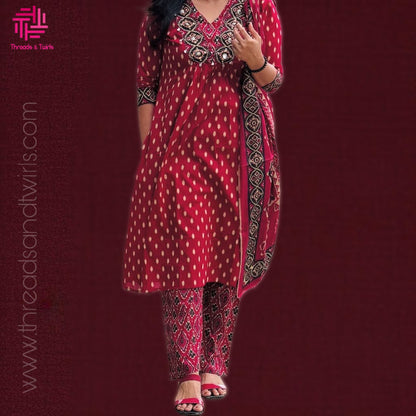 Burgundy Rajasthani Ikat Cotton Salwar Suit with Mirror Work, Printed Pant & Dupatta | Threads & Twirls