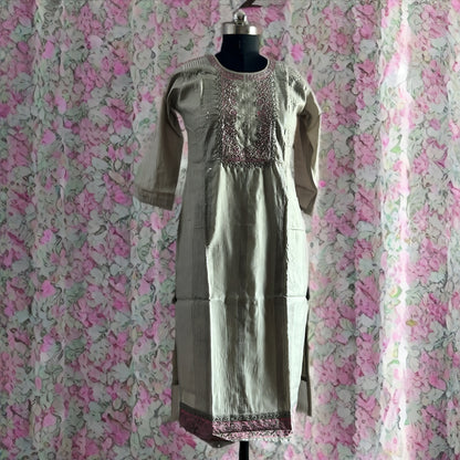 Silver Grey Roman Silk Salwar Suit with Contrast Pink Floral Dupatta & Embroidered Yoke