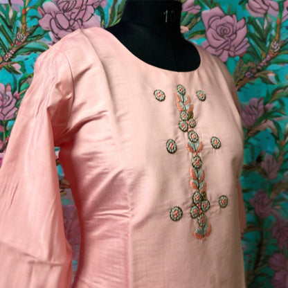 Blush Pink Kurta Set with Hand Embroidery and Grey Pant Dupatta Combo