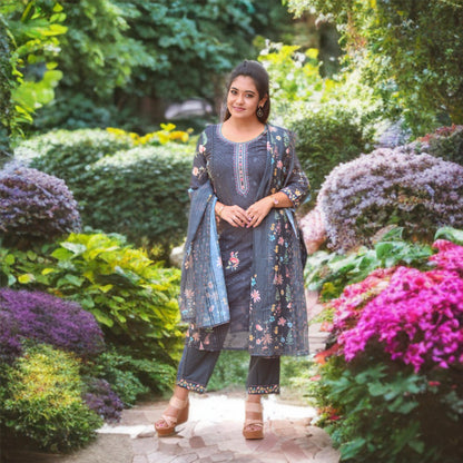 Black Floral Printed Linen Cotton Kurta Pant Set with Embroidered Yoke & Printed Dupatta – Elegant Festive Wear