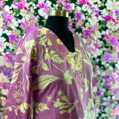 Mauve Floral Cotton Coord Set for Women – V-Neck Kurtha with Matching Pant | Office & Daily Wear