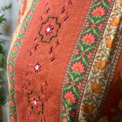 Rust Orange Embroidered Cotton Kurta Pant Set with Printed Chiffon Dupatta – Traditional Festive Wear
