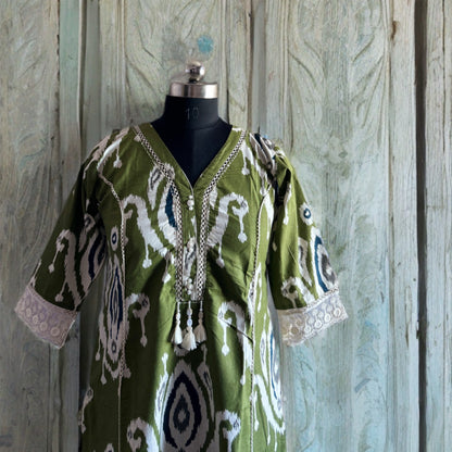 Olive Green Ikat Print Khadi Cotton Kurta Pant Set with Lace Detail