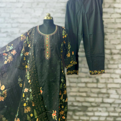 Black Floral Printed Linen Cotton Kurta Pant Set with Embroidered Yoke & Printed Dupatta – Elegant Festive Wear