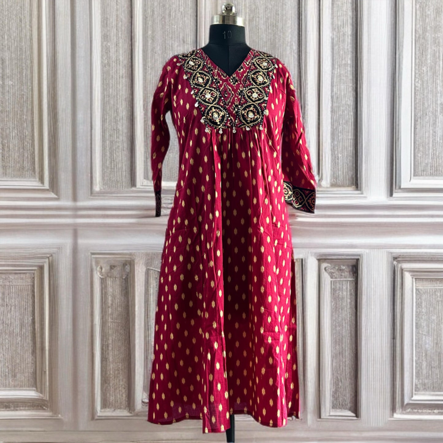 Burgundy Rajasthani Ikat Cotton Salwar Suit with Mirror Work, Printed Pant & Dupatta | Threads & Twirls
