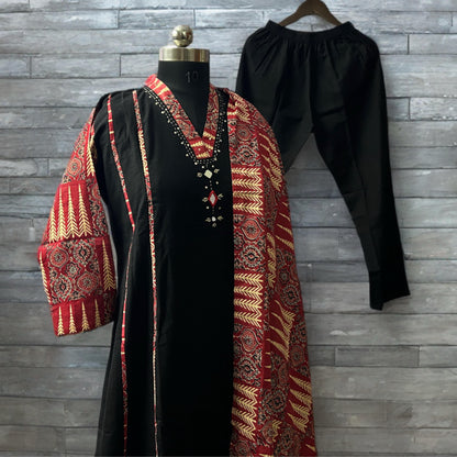 Black & Red Cotton Salwar Suit with Mirror Work – Threads & Twirls