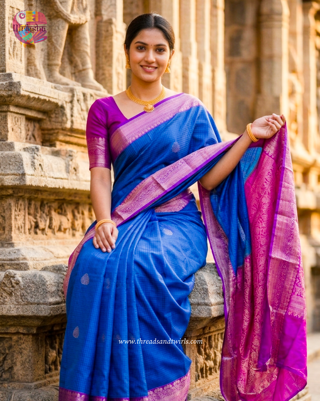 Blue & Pink Checked Semi Silk Saree with Zari Border & Contrast Blouse – Mriksha Sarees