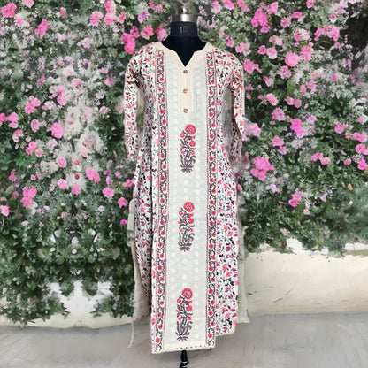 Elegant White Floral Cotton Salwar Suit with Hakoba Detailing – Dupatta & Pant Set | Threads & Twirls