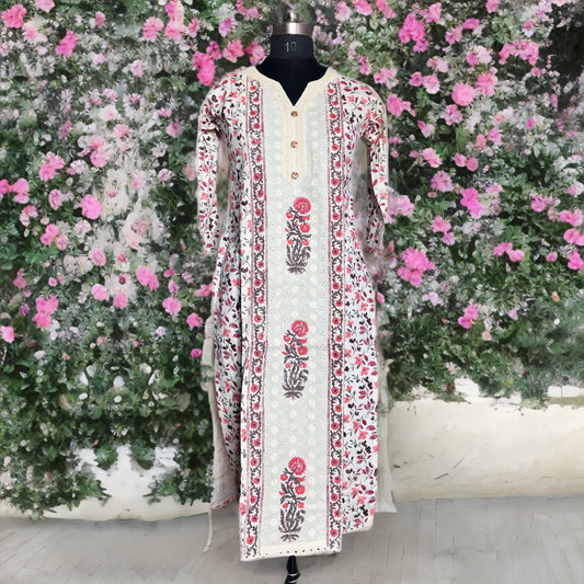 Elegant White Floral Cotton Salwar Suit with Hakoba Detailing – Dupatta & Pant Set | Threads & Twirls