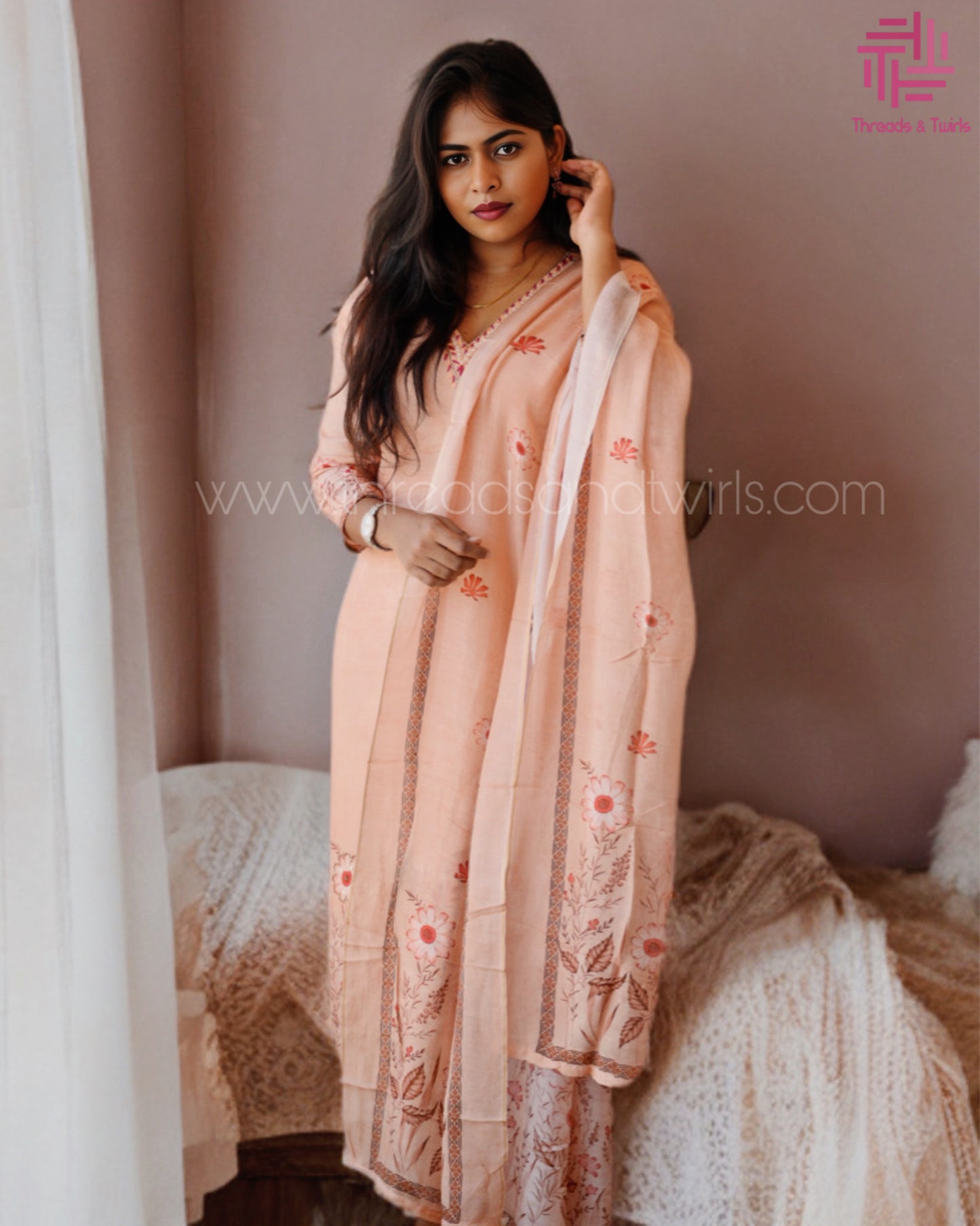 Chocolate Brown Muslin Salwar Suit with Floral Prints | Threads & Twirls